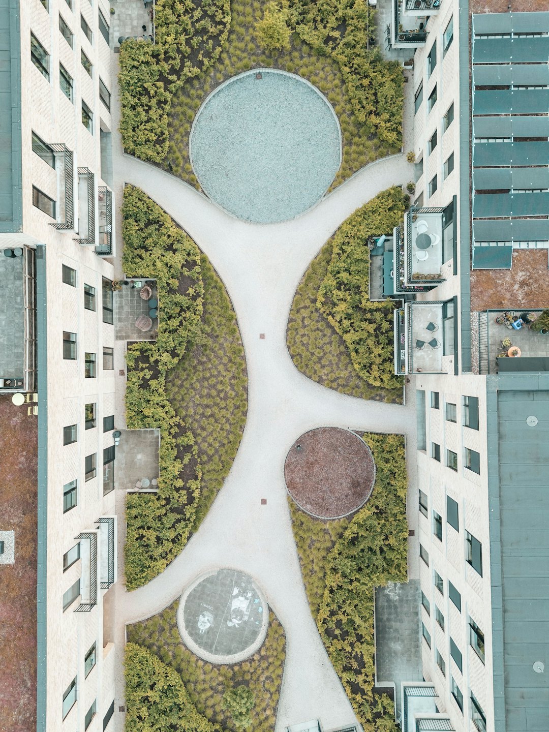 Modern courtyard design with curved paths and green shrubs.